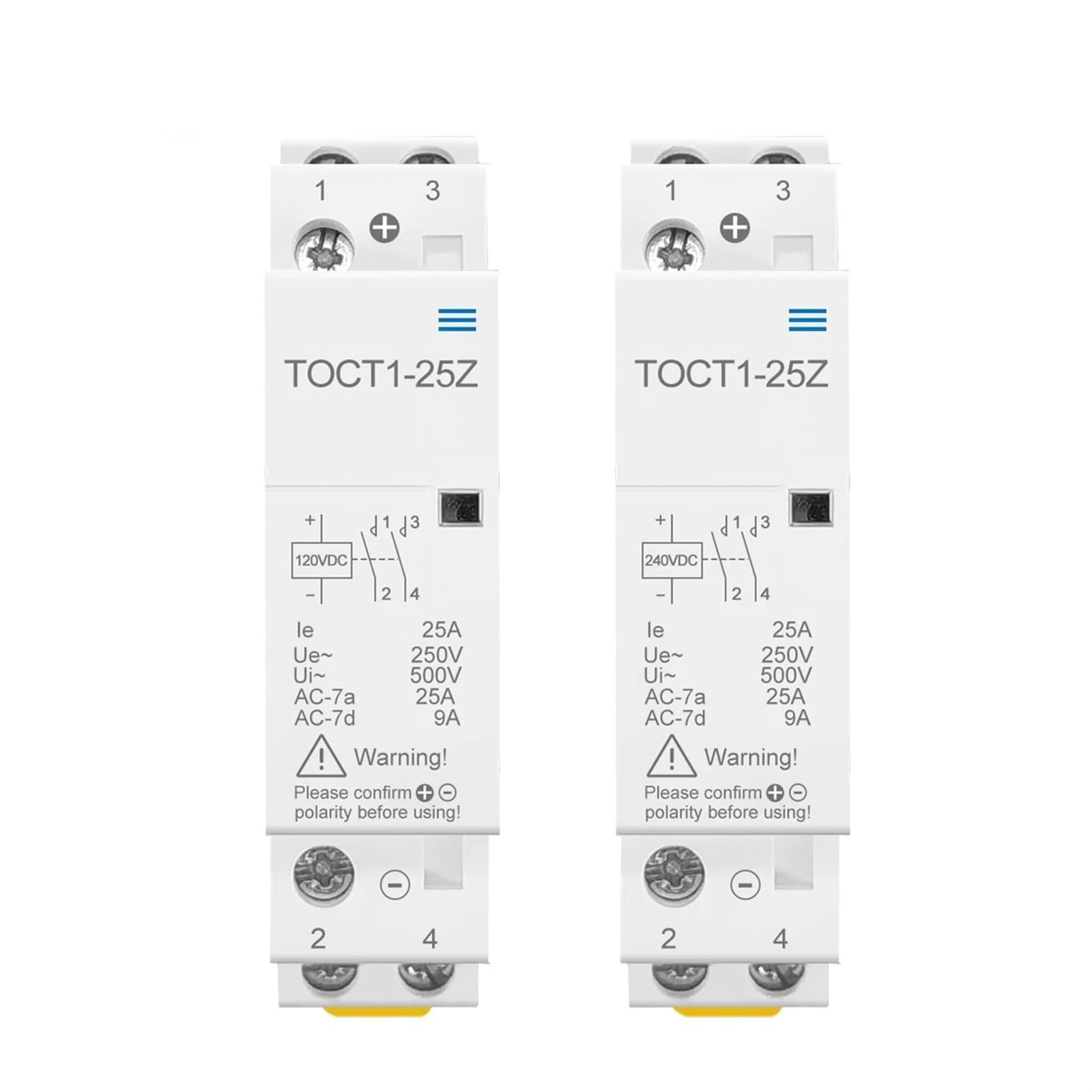 Contacteur modulaire 2P 25A 2NO avec bobine DC 12V pour tableau sur rail DIN TOCT1