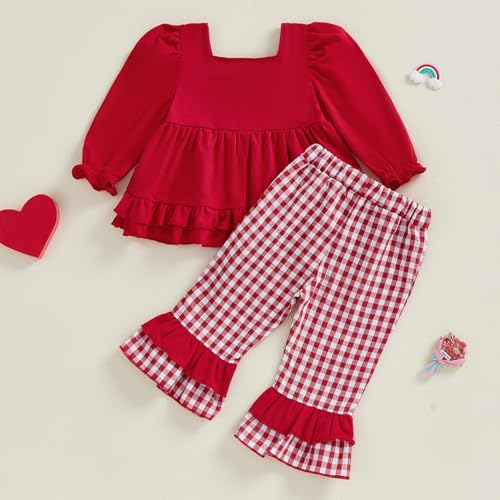Ayalinggo Toddler Girl Valentine Day Outfit Be Mine Long Sleeves Ruffle Top Plaid Flare Pants Set Little Girls Spring Clothes (Red, 6-12 Months) - Thumbnail 7