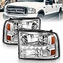 AmeriLite Chrome Replacement Headlights Assemblies LED Parking Lamp Set for 1999-2004 Ford Super Duty / 00-01 Excursion - Passenger and Driver Side