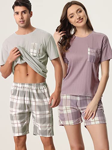 cheibear Men's Sleepwear Short Sleeve T-Shirt with Shorts Plaid Couple Pajama Sets2
