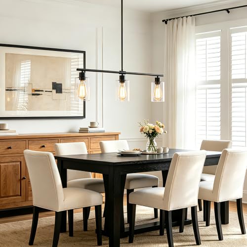 Image of 31 inch Black Linear 3-Light Clear Glass Kitchen Island Pendant Chandelier