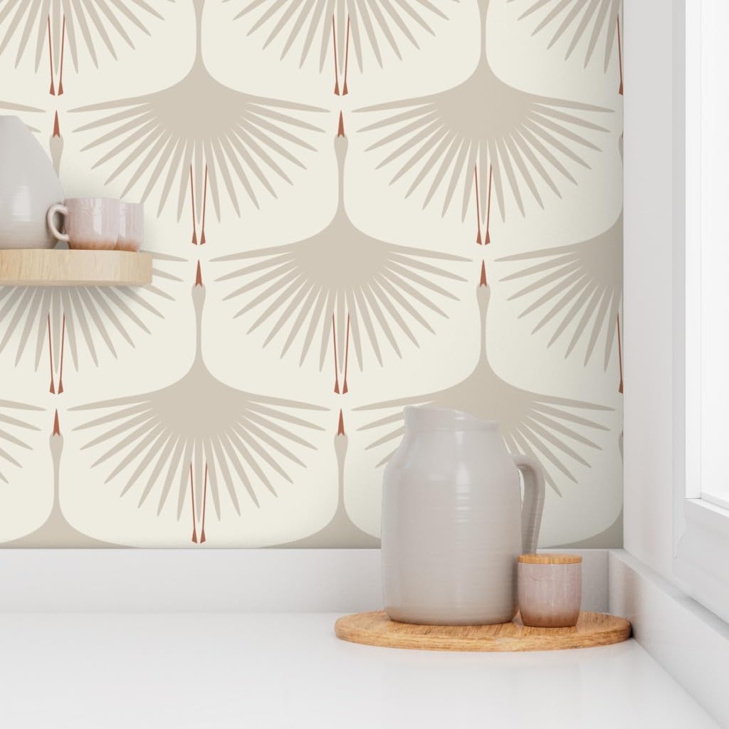 Removable Wallpaper 3ft x 2ft - Art Deco Neutral Traditional Alabaster Jumbo Scale Beige Natural Wingspan Feathers Flying Custom Pre-Pasted Wallpaper by Spoonflower