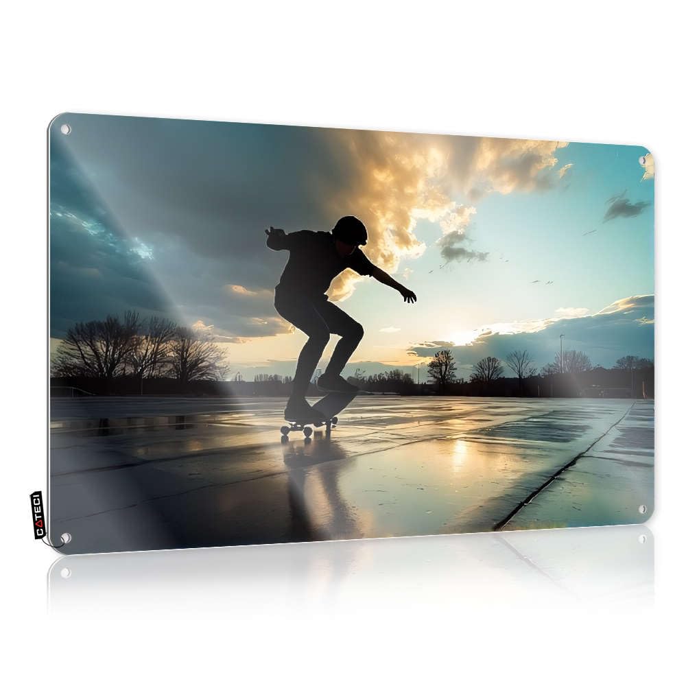 Tinsign Retro Wall Art Rustic Return | A Skateboarder Rides On A Wet Surface During Sunset. Lovely Metal Wall Decor For Deck Home(20X30CM)
