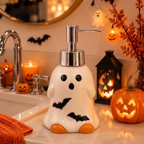 Potchen Halloween Soap Dispenser Ghost and Bat Liquid Pump Ceramic Bath Accessories Bathroom Decor Holiday Collection Shaped Festive Touch for Countertop