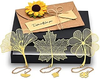 3 Pcs Metal Leaf Bookmark with Pendant, Eucomir Classical Metal Bookmarks Handmade Vintage Bookmark with Box for Women Readers Teachers Students Birthday Leaving GivingGold