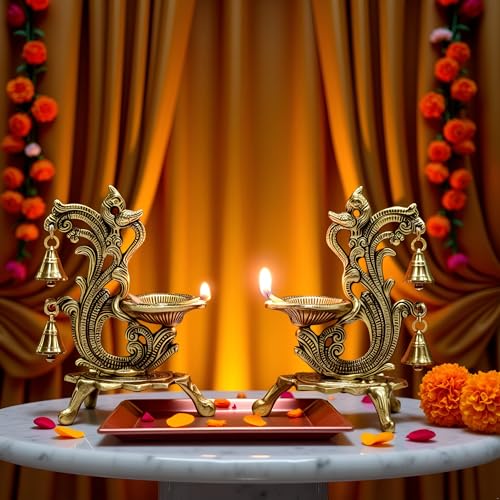 Image of Saudeep India Oxidized Metal Diya for Puja | Peacock Design Oil Diwali Lamp | Antique Akhand Diya for Temple, Home Decor, Pooja Room, Festivals (Gold, 14x9x20cm) (Pack of 2)