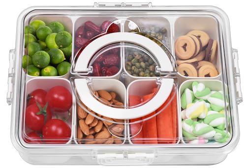 Divided Serving Tray with Lid and Handle – Snackle Box Charcuterie Platter, Clear Storage Organizer for Candy, Veggie, Fruits, Nuts& Spices, Portable Snack Container for Entertaining Party, Picnic