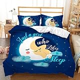 YINGD Parure De Lit Bleu Dessin Animé Lune Nuages 140X200 Cm 100% Polyester - 3 Pièces - 1 Housse De Couette Et 2 Taies d'oreiller - Doux Et Confortable - Qualité Supérieure