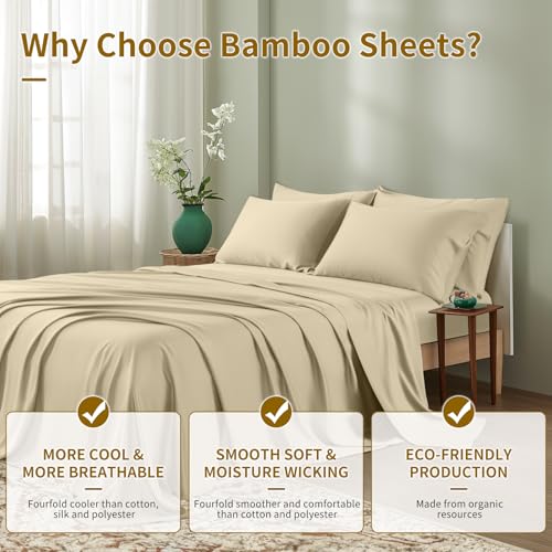 Image of Shilucheng 6 Piece California King Sheet Sets, Cooling Sheets, Blend Rayon Derived from Bamboo, Deep Pocket Up to 16 inch, Breathable & Soft Bed Sheets, Hotel Silky Bedding Set, Beige
