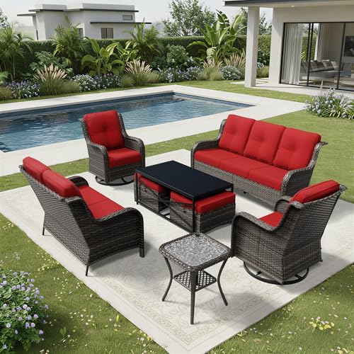 Image of Joyside 8 Piece Wicker Patio Furniture Set, Outdoor Swivel Rocker Patio Chairs with High Back, Deep Seating, Wide Armrest, Thickened Cushions, Outdoor Furniture for Deck, Porch Use