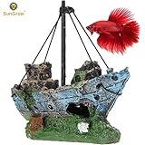 SunGrow Shipwreck for Betta Fish, Made of Resin, Creates Healthy Environment for Aquatic Pets, Boat Aquarium or Home Décor