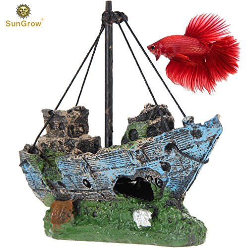 SunGrow Shipwreck for Betta Fish, Made of Resin, Creates Healthy Environment for Aquatic Pets, Boat Aquarium or Home Décor