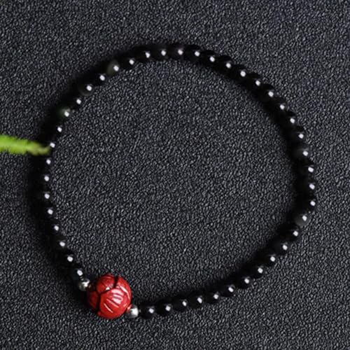 Bracelet obsidienne noire et cinabre de 4 mm, le cadeau idéal pour souhaiter la bonne chance