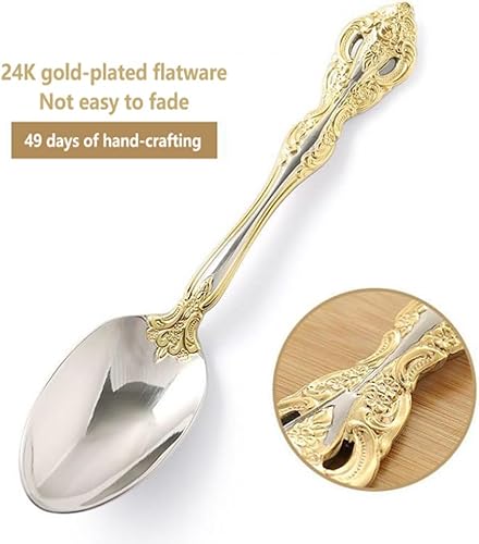 Miniatura 5 de Juego de cubiertos dorados de 50 piezas para 10, cubiertos de lujo de acero inoxidable 1810, pulido con espejo, apto para lavavajillas (50 piezas