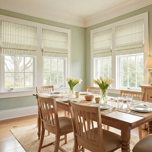 Image of TWOPAGES No Drill Cordless Buffalo Plaid Roman Shades Roman Blinds for Windows, Custom Made Room Darkening Country Checkered Blinds Farmhouse Shades, Khaki Small Plaid, 1 Piece