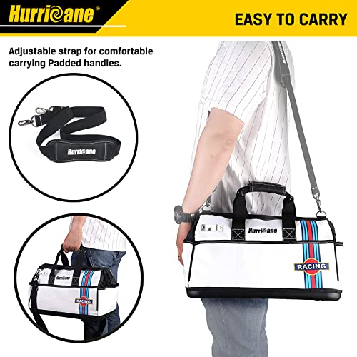 Hurricane 16 Inch Wide Mouth Tool Bag With Water Proof Molded Base With Extra Shoulder Strap, Upgrade Version, Racing Theme-White, Multi Pockets, Large Inner Space #TOP6