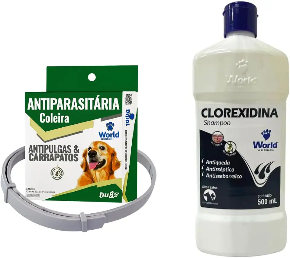 Kit Coleira Antipulgas e Carrapato para Cães World Veterinária + Shampoo 500ml para Cães e Gatos