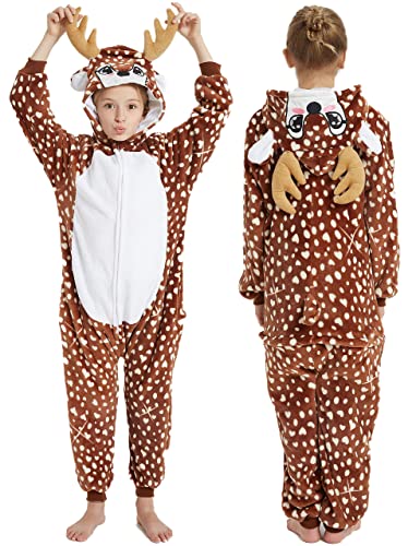 CALANTA Deer Onesie Kids Reindeer Costume Girls Animal Pajamas Halloween Christmas Cosplay Party (Sika Deer 11-12 Years)