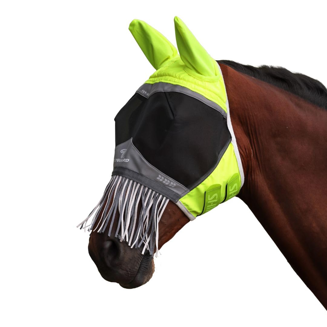 Shires FlyGuard Pro Hi-Viz Fine Mesh Fly Mask with Ears & Nose Fringe – Small Pony Size | Lightweight Breathable Mesh Protection | Secure Fit for Turnout & Grazing | Yellow
