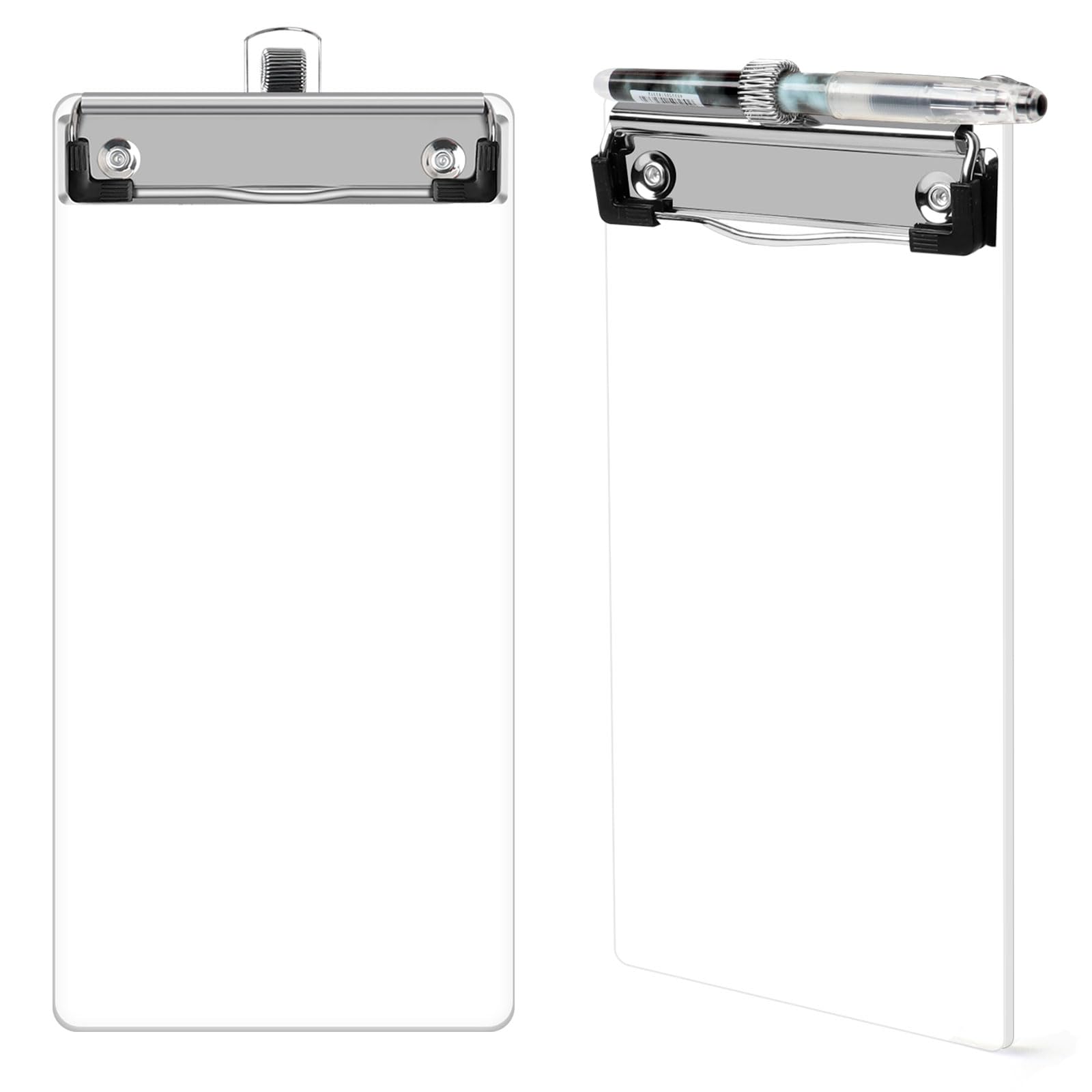 2 Pack Small Plastic Clipboard with Pen Holder Standard A7 Size Clear Plastic Clipboard Mini Clipboard with Strong Metal Clip for Students, Kid, Women, Office, Restaurant,School (Clear)