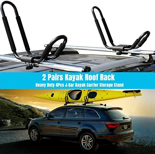 Nisorpa 2 Pairs Kayak Roof Rack J-Bar Heavy Duty Canoe Rooftop Rack on Car SUV Crossbar Top Mounted Universal Kayak Carrier Storage Stand for Kayak Canoe Boat Surf Ski Bike