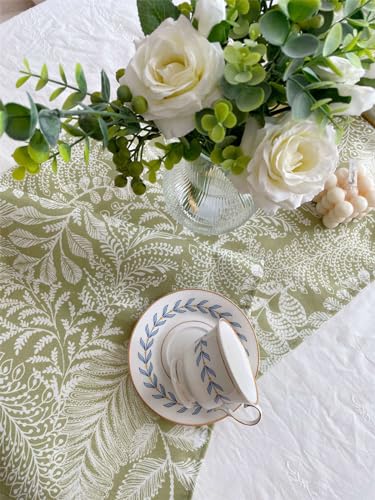 Chemin de table coton 32x180 cm imprimé fleurs vertes rustique