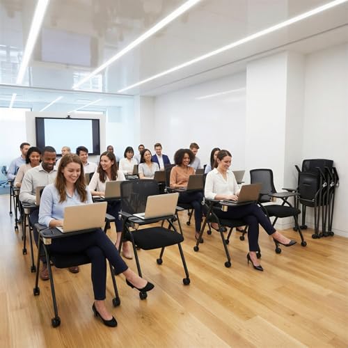 Image of Updated Conference Room Chairs with Tablet Arm, Folding Office Desk Chair with Lumbar Support and Sliding Armrest with Casters, Stackable Office Guest Chairs & Reception Chairs, 4 Pack Black