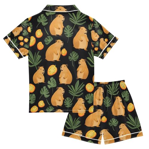 senya Capybara Tropical Fruits A Satin Summer Pajama Sets Silk Short Sleeve Button Down Sleepwear2