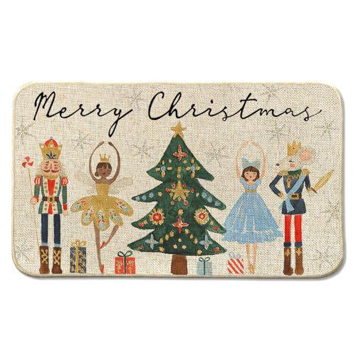 AUIKVH Felpudo de puerta delantera, diseño de cascanueces con diseño de árbol de Navidad, 17 x 29 pulgadas, lavable, antideslizante, de goma, para interior y exterior, diseño de soldado de dibujos