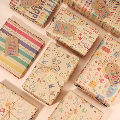 Birthday Wrapping Paper, 8 Sheets 50X70cm Birthday Gift Wrapping Paper with Sticker,Tags, tape and Rope Kraft Paper Happy Birthday Wrapping Paper for Birthday Party Gift Decorations