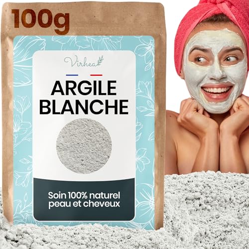 Argile Blanche en Poudre 100g - Masque Visage Anti-Acné - Soin Visage Naturel pour Peaux Sensibles - Argile Kaolin Surfine - Masque Purifiant Visage Homme...