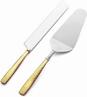 Premium Hand Hammered Gold Brass Handle And Stainless Steel Wedding Cake Cutting Knife & Server Set for Home Parties Christmas Anniversaries Pastry Pie Serving Knife Cutter Set For Wedding