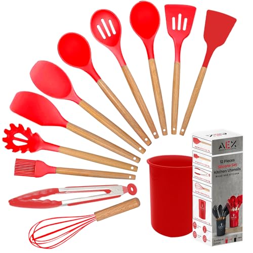 AEX Kitchen Cooking Utensils Set, 12 Pcs Non-Stick Silicone Cooking Kitchen Utensils Spatula Set with Holder, Wooden Handle Heat Resistant Silicone Kitchen Gadgets Utensil Set (Red)