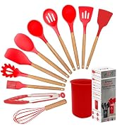 BASVII Set 12 Pezzi Utensili Cucina in Silicone Con Porta Mestoli - Realizzati Con Manici in Legno, Resistenti al Calore e Antiaderenti (Cachi