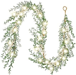 Valery Madelyn 6 Feet/183cm Pre-Lit Christmas Garland for Mantel, Frozen Winter Silver White Garland with Berries, Xmas Garland with Led Light and Timer Function for Christmas Party Decoration