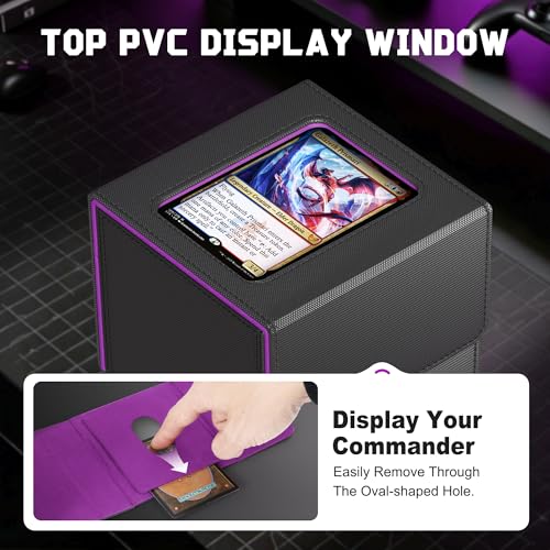 Image of Kabinka MTG Deck Box with Window, Commander Deck Box for Trading Cards, Holds 110+ Double Sleeved Cards, Fits TCG CCG EDH (Black Purple)
