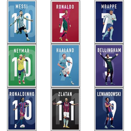 Colagu Messi, Ronaldo, Mbappe, Neymar, Haaland, Ronaldinho, Bellingham, Lewandowski, Ibrahimovic Soccer Canvas Poster Wall Art Print Set Of 9 Gifts For Boys Living Room Bedroom Decor Unframed: 8X12Inch cover