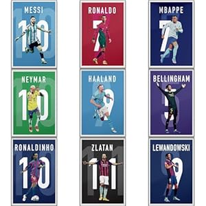 Messi, Ronaldo, Mbappe, Neymar, Haaland, Ronaldinho, Bellingham, Lewandowski, Ibrahimovic Soccer Canvas Poster Wall Art Print Set of 9 Gifts for Boys Living Room Bedroom Decor Unframed: 8x12inch