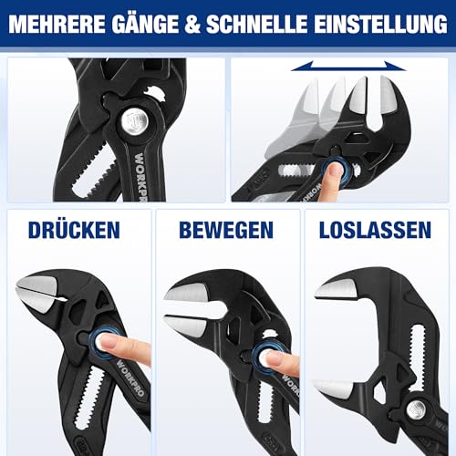 WORKPRO Zangenschlüssel 255 mm, Greift bis 50 mm, Verstellbare Rillengelenkzange ohne Zähne, Hochwertiger Cr-V-Stahl, Paralleles Backendesign mit Doppelten Arbeitssparenden Griffen
