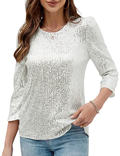 Women's Tops Sequin 3/4 Sleeve Sparkle Sequin Tops Shimmer Glitter Party Tunic Tops Casual Fitted Blouses Top Shirts Silver Grey #TOP11