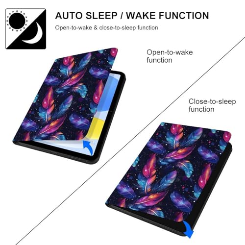 Housse iPad Pro 11 2025 et iPad 10e génération à motif plumes colorées avec support