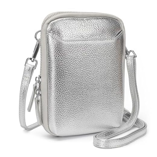 befen Bolsa tiracolo feminina de couro genuíno, pequena com zíper e bloqueio de RFID, Prata