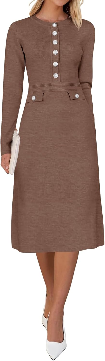 Saodimallsu Women's Fall Long Sleeve Sweater Dress Knit Bodycon Crew Neck Button Decor. Elegant Formal Midi Dresses