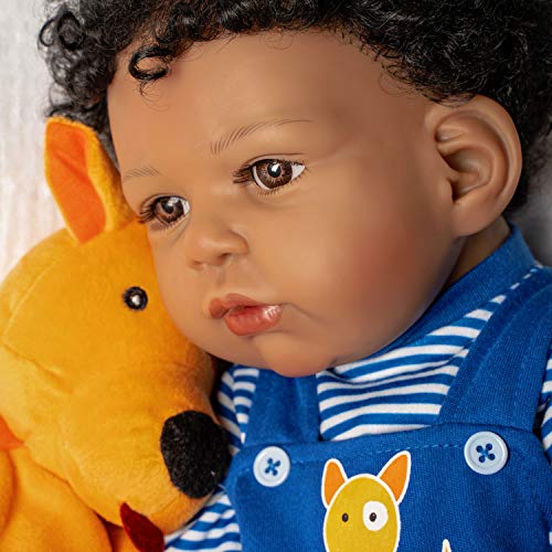 Paradise Galleries Black Reborn Toddler Doll With Rooted Hair & Magnetic Pacifier, 19 Inch African American Baby Boy, Puppy Pal, 7-Piece Gift Set #TOP2