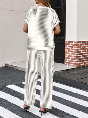 Image of Tankaneo Womens Striped 2 Piece Sets Short Sleeve T Shirts Wide Leg Pants Matching Lounge Set with Pockets
