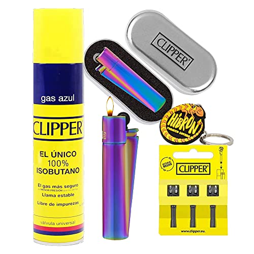 Clipper 1 Encendedor Mechero Clásico Largo Metal Icy Colours Colors 2 Multicolor Arcoiris + 1 Llavero+1gas+1 Pack de 3Piedra de Ignición Flint (Icy Kit)