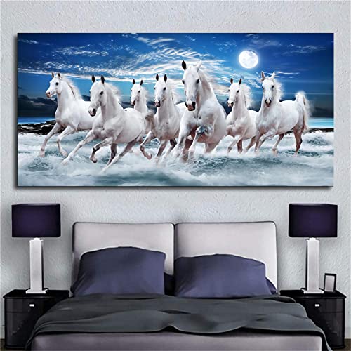 Modern Abstract Seven Running White Horse Animals Painting On Canvas Posters And Prints Wall Art Painting Abstract Pictures For Living Room Decor (24X46Inch-Framed) #TOP3