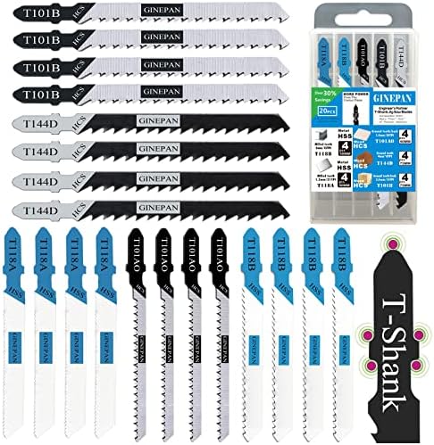 20PCS T Shank Jigsaw Blades Tool for Wood Plastic Metal Compatible with 90% Power Jig Saws Such as Bosch DEWALT RYOBI One+ Makita SKIL Black+Decker Includes 4 Each of T101B T101AO T144D T118A & T118B