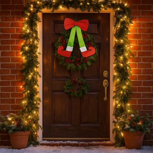 Plush Elf Legs Christmas Wreath Decoration with Large Red Bow - 15.7" Hanging Holiday Decor for Front Door, Wall & Tree (1, Red) by Aqushymallow Cow - Used condition - Image 7