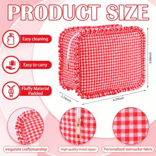 SilTriangle Red Gingham Ruffle Makeup Bag 10 x 8 x 4.5 Inches Large Ruffle Pouch Travel Cute Checkered Cosmetic Toiletry Bag with Zipper for Women Girls, Toiletry Pouch Make up Organizer Gift - 1